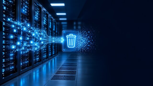 Automated enterprise data deletion workflow with network streams entering a glowing trash bin in a server room