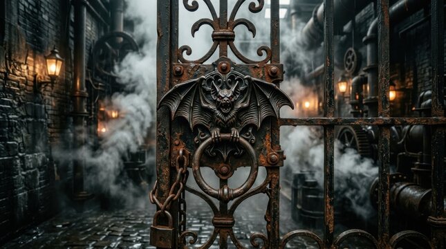 Steampunk iron gate with bat knocker and steam in alley
