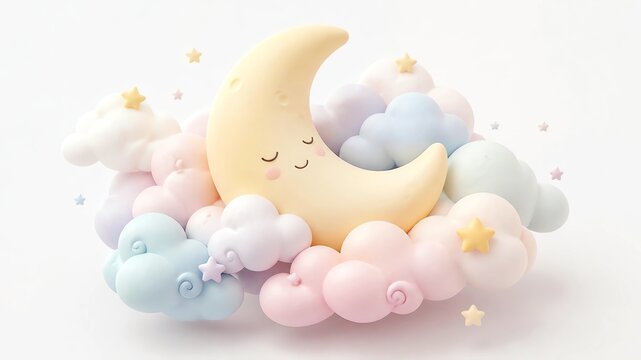 Tiny sleeping crescent moon with soft fluffy clouds, pastel colors, dreamy 3D style, white background