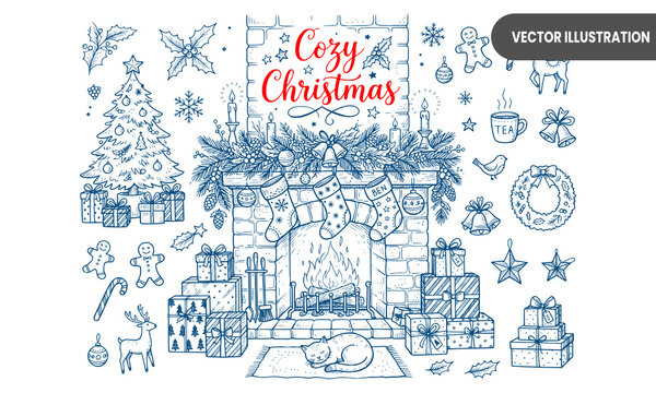 christmas fireplace hearth hand drawn sketch vector illustration cozy holiday interior scene