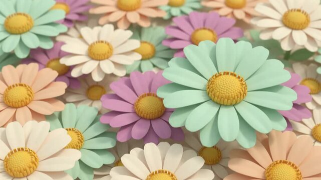 Pastel daisy flowers blooming in a soft floral garden background