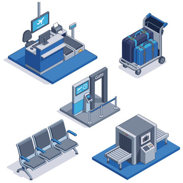 Blue isometric airport terminal elements and icons set