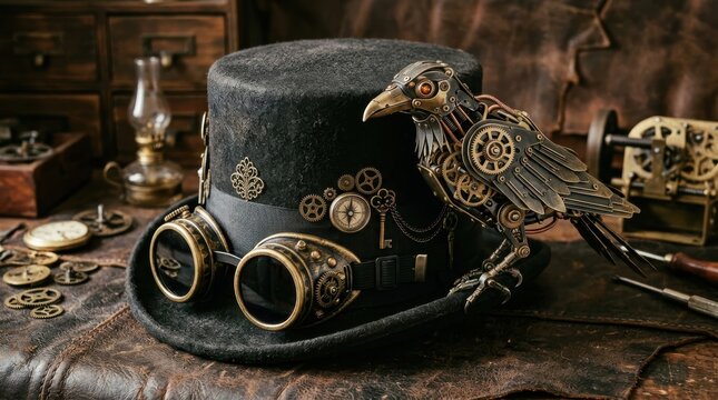 Steampunk Top Hat with Goggles and Mechanical Crow