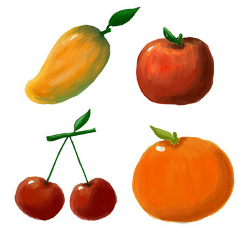 set of fruit, mango apple cherry and orange, with free colouring