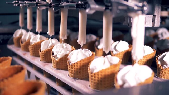 Industrial Ice Cream Filling Machine Dispensing Soft Serve into Waffle Cones