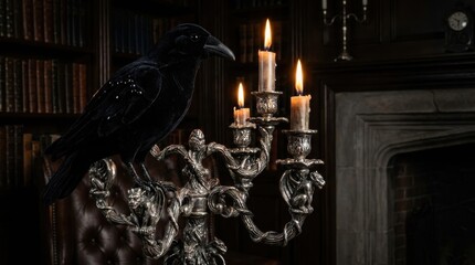 Fototapeta premium Black raven perched on an ornate silver candelabra with lit candles