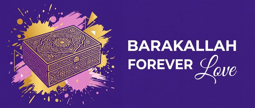 Barakallah Islamic wedding greeting banner with ornate golden box illustration for Muslim marriage Nikah celebration card, spiritual love blessing background with Arabic pattern and copy space