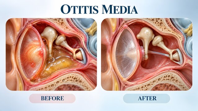 AI generated anatomical cross-section of ear infection otitis media showing before and after fluid drainage results