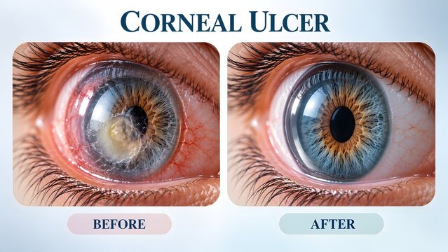 AI generated corneal ulcer treatment before and after comparison showing eye health recovery and clear vision.