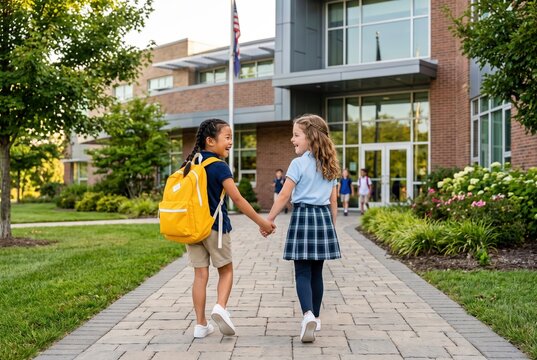 Two Young Girls Walking Together Hand in Hand to Their School Building Entrance