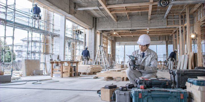建築現場で電動ドリルを確認し作業準備をする日本人男性の施工管理者