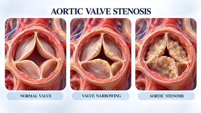 AI generated anatomical comparison of normal aortic valve versus aortic stenosis showing narrowing and calcification.