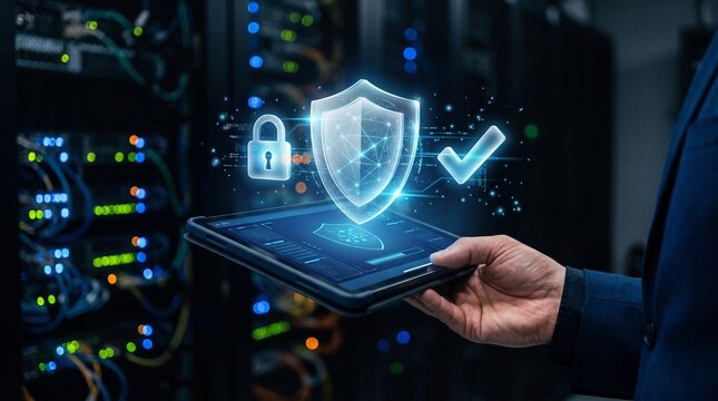 Person holding tablet with digital cybersecurity shield in server room