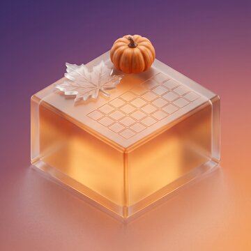 Glass calendar block with a miniature pumpkin