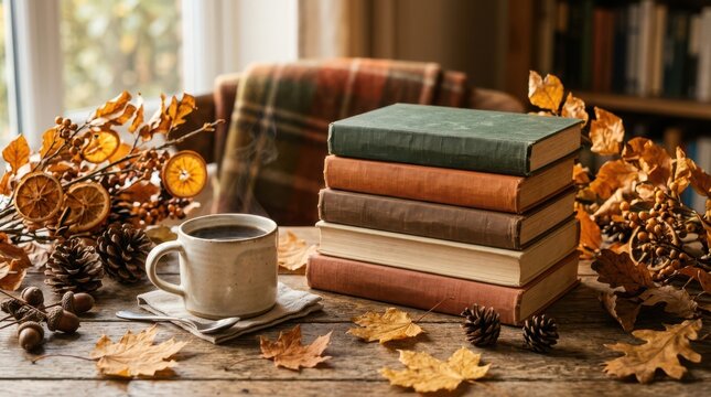 Stack of vintage books and coffee cup on wooden table in autumn with still life