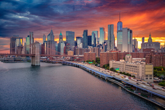 Manhattan, New York City, USA. Aerial cityscape image of Manhattan, New York City at beautiful summer sunset.