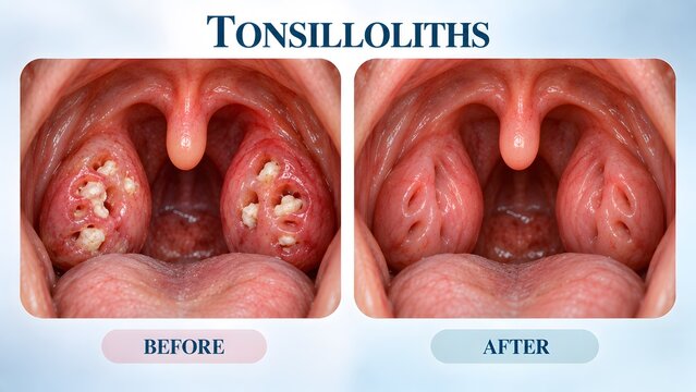 AI generated medical comparison of tonsilloliths removal showing before and after tonsil stones treatment.