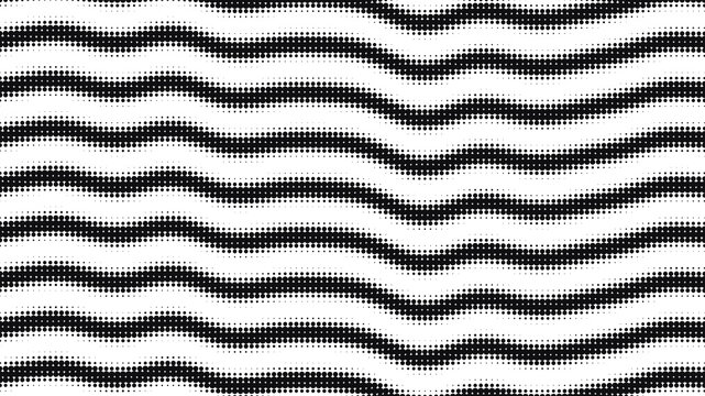 Monochrome halftone waves pattern with black dots on white background