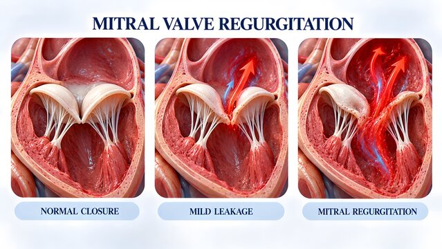 AI generated medical illustration of mitral valve regurgitation stages from normal closure to severe leakage in heart