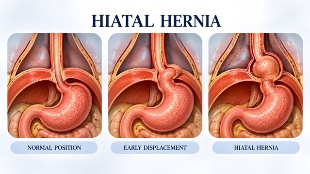 AI generated medical illustration showing hiatal hernia progression from normal anatomy to stomach displacement