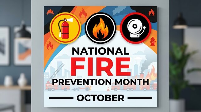 National fire prevention month october poster with firefighter icons