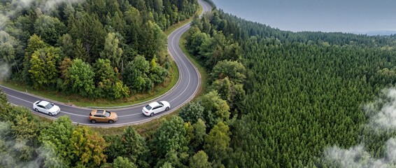 Fototapeta premium High Angle Aerial View of Modern Cars Driving on a Winding Scenic Road Through a Dense Green Forest with Atmospheric Mist, Perfect for Travel and Automotive Industry Concepts