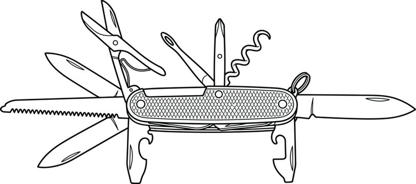 Multitool pocket knife with various open tools vector illustration