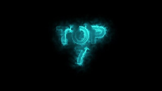 Top 7 Word Hot Animated Burning Realistic Fire Flame and Smoke Seamlessly loop Animation on Isolated Black Background.