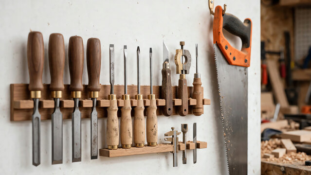 Dirty used woodworking tools on wooden wall rack after carpentry work, dusty chisels screwdrivers and hand saw with sawdust in garage workshop, authentic craftsman equipment
