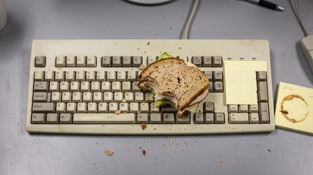 Half-eaten sandwich resting on office keyboard with crumbs, busy workday and desk lunch concept