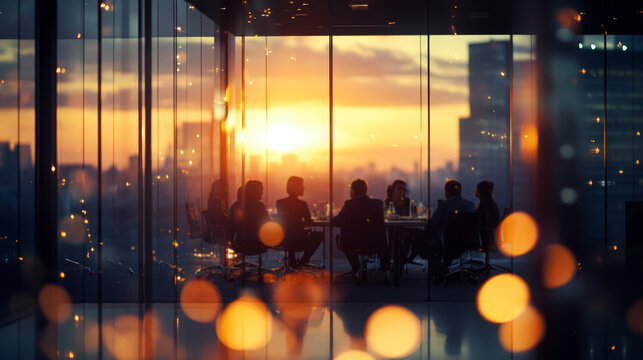 Business Team Meeting at Sunset in Modern Office Banner