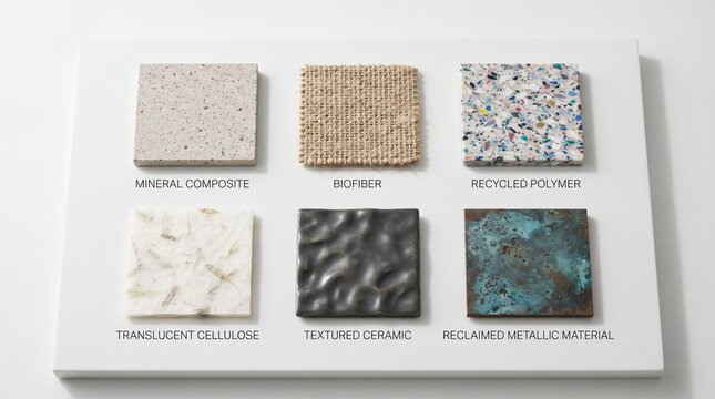 mineral composite biofiber recycled polymer translucent cellulose textured ceramic reclaimed metallic material material board interior design samples architectural board