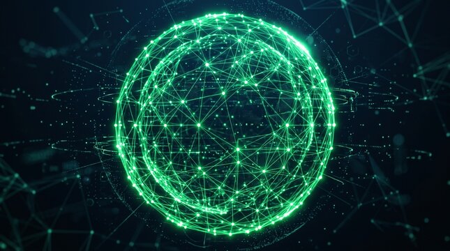 Futuristic glowing green network sphere on dark background
