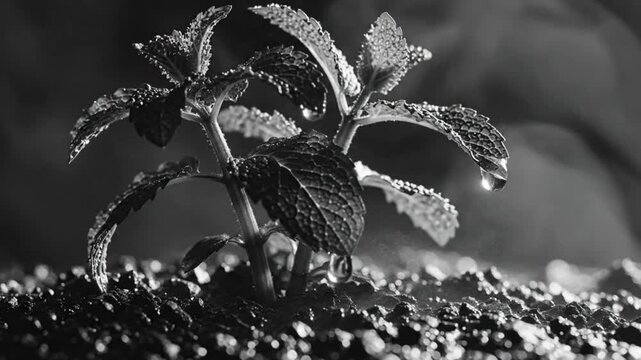 Black and white close up of a mint plant with moisture drops on leaves and dark soil with a soft background