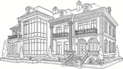 Obraz premium Detailed Modern House Architectural Scene Coloring Page Vector Line Art