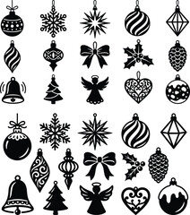 Fototapeta premium Christmas ornaments vector icon set, black silhouette xmas tree decorations collection, holiday baubles and snowflakes design elements