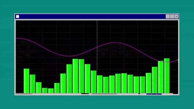 Retro software interface with green bar charts and signal waves