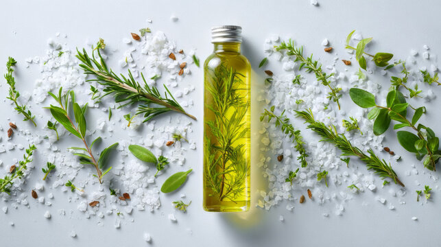 Herb-Infused Olive Oil with Salt and Fresh Leaves