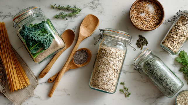 Glass Jars with Grains and Greens on Marble Kitchen Counter