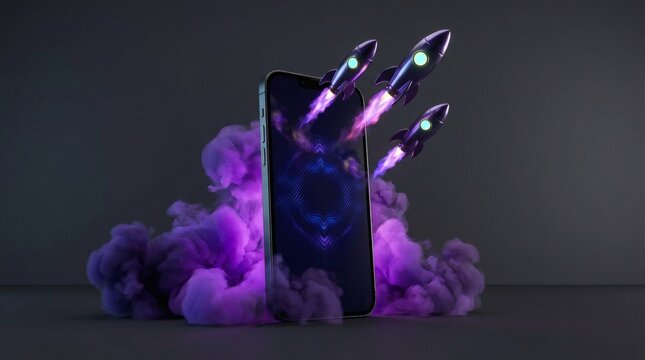3D illustration of a smartphone with rockets launching from the screen and purple smoke, representing speed and technology growth