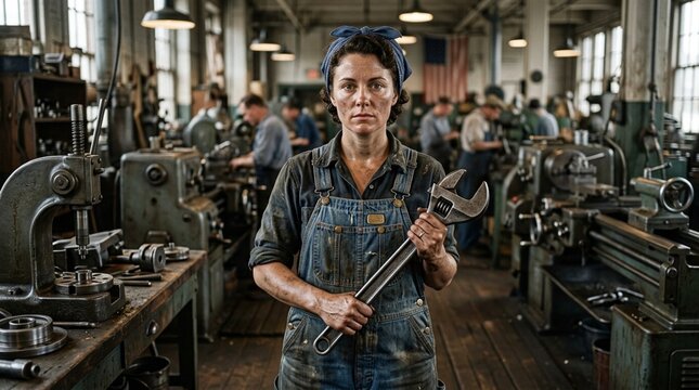 Rosie the Riveter Style Woman Holding Wrench in Factory
