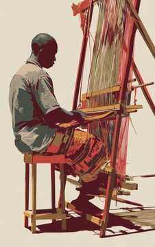 a nigerian artisan is weaving traditional fabric on a loom