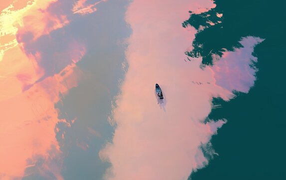A small boat drifts across pastel pink and teal water in a dreamy top view minimalist composition.