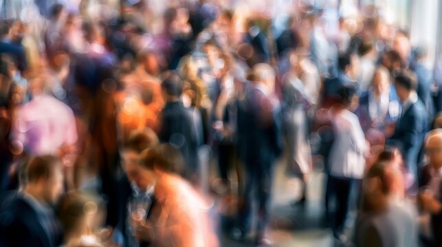 Blurred crowd of diverse business professionals networking in a conference, representing a dynamic and collaborative business event