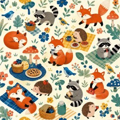 Fototapeta premium Whimsical woodland animals picnic floral seamless pattern illustration