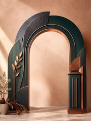 Fototapeta premium Art Deco arched doorway with botanical accents and warm luxury decor