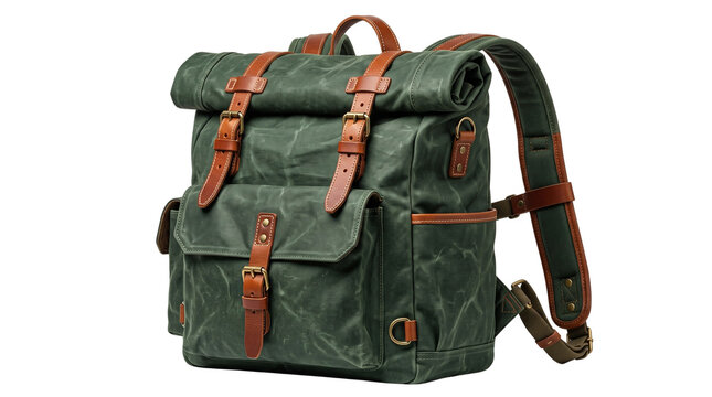Vintage canvas backpack with leather straps, green roll top rucksack for travel and outdoor hiking adventure isolated PNG with Transparent Background