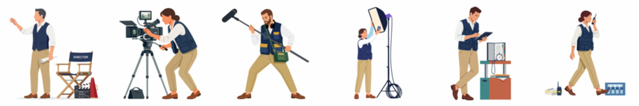 Flat illustration set of a professional film production crew including director, camera operator, sound recordist, and assistants isolated on a white background.