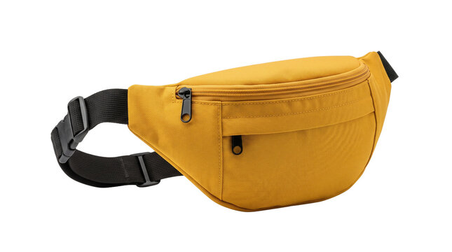 Yellow waist bag with zipper closure, mustard fanny pack for travel, modern canvas belt pouch for casual street fashion isolated PNG with Transparent Background