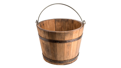 Empty vintage wooden bucket with metal hoops and handle isolated on transparent background © AmeliaLily
